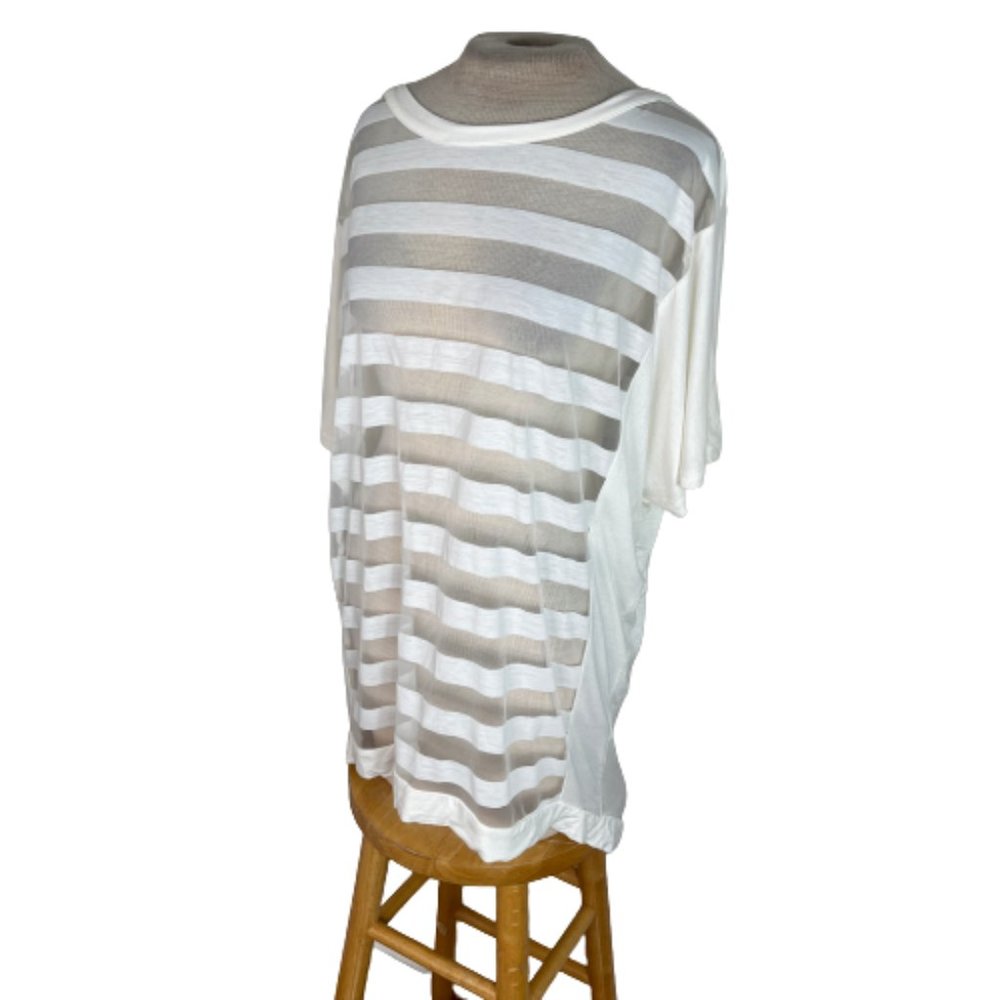 Hot & Delicious Sheer Striped High Low T Tee Shirt Top White L Large